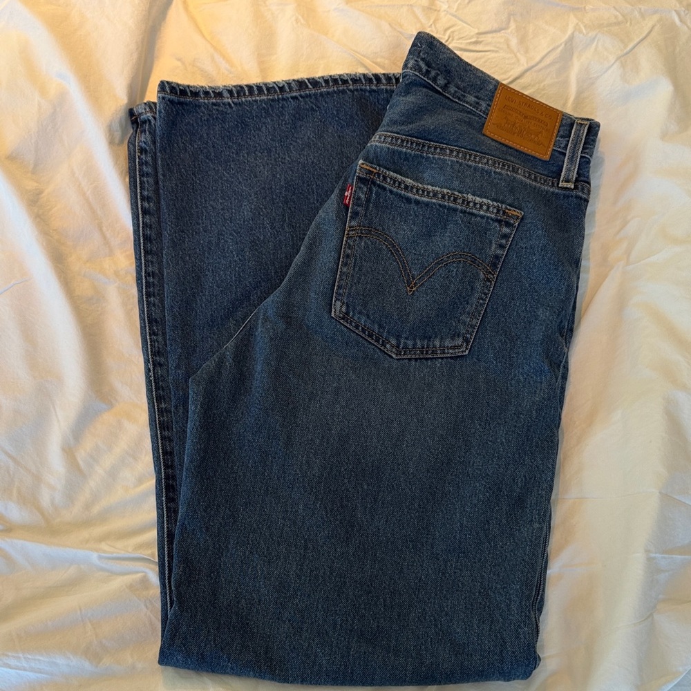 Levi's Dark Blue Ribcage Wide Leg Flare Long Tall Jeans W31 L34